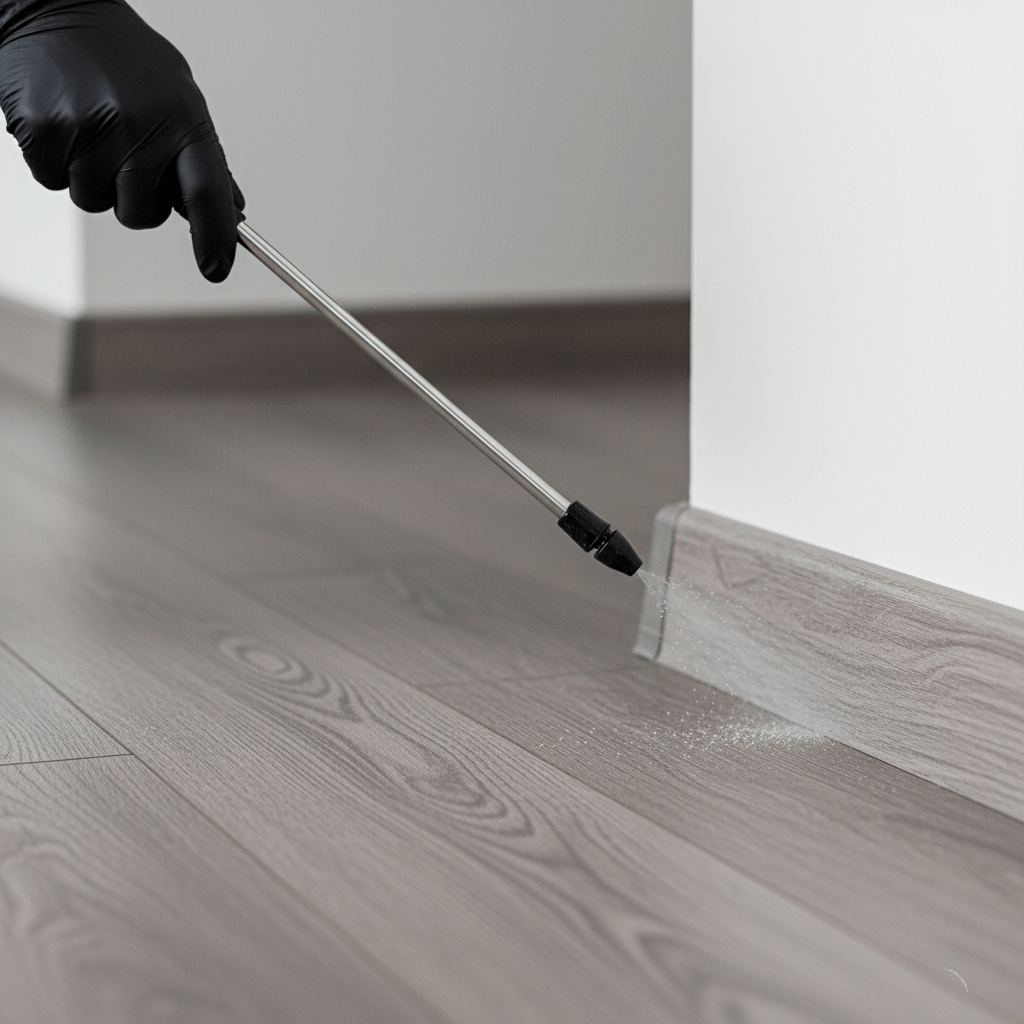 Aplicación de fumigación en interiores sobre rodapié de vivienda en Saltillo, con equipo profesional de control de plagas para eliminar insectos y proteger la salud del hogar.