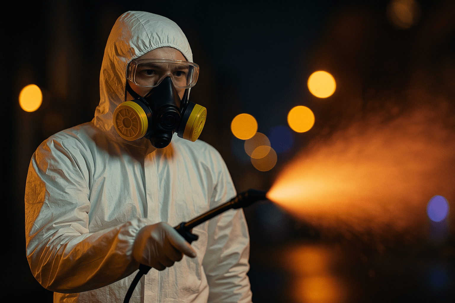 Persona con traje de bioseguridad blanco y máscara de gas desinfectando en un entorno urbano nocturno